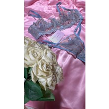 Merlif Lingerie Mavi Mini Çiçek Desenli Bralette Balenli Sütyen & Tanga Iç Çamaşır Takım Yılbaşı, yeniyıl, Seksi, Fantezi, Çeyiz Sevgililer Günü
