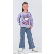 Pjk2ikt Kuromi Desenli 2 Ip %100 Pamuk Kız Çocuk Kot Pantolonlu Takımı 3-10 Yaş 8224