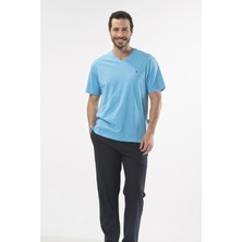 Cacharel 2137 Açık Mavi Erkek Şantuklu V Yaka Nakışlı Kısa Kol Pijama Takım