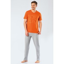 Cacharel 2198 Kiremit Erkek Baskılı V Yaka Pantolon Pijama Takımı