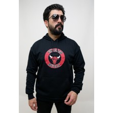 Siyah Kapşonlu Ön Baskılı Erkek Sweatshirt Oversize