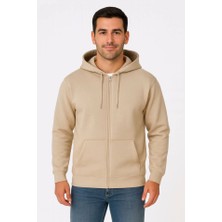 Erkek Üç Iplik Kapüşonlu Tam Fermuarlı Kanguru Çepli Sweatshirt Hoodie - Bej
