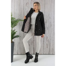 TUTveAL Collection Kadın Suya Dayanıklı Trençkot Kapüşonlu Ekoseli Vizon Trençkot Bonded Kumaş Trençkot