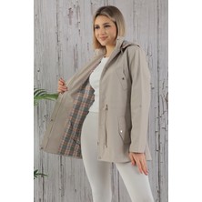 TUTveAL Collection Kadın Suya Dayanıklı Trençkot Kapüşonlu Ekoseli Vizon Trençkot Bonded Kumaş Trençkot