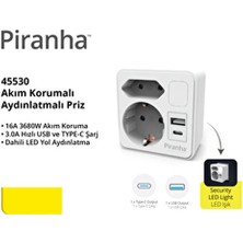 Piranha Akıllı Priz USB + Type-C LED Işıklı Termal Akım Korumalı 1 Priz Sayısı ile Modern Tasarım