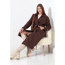 Amazon Keten Kumaş Diz Altı Astaralı Degaje Yaka Düğmeli Yeni Tarz Trenç Kot Koyu Kahve