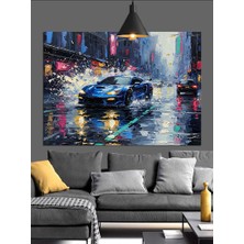 Yağmurlu Yolda Spor Araba Dekoratif Kanvas - Mdf Ahşap Tablo