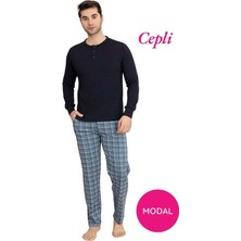 Erkek 3 Düğmeli Ekose Desen Pamuk Likra Mevsimlik Modal Uzun Kol Manşetli Cepli Pijama Takımı