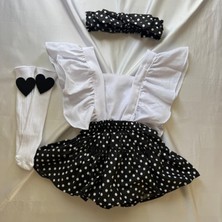 Kız Çocuk Siyah Puantiye Salopet Bandana ve Kalp Keçeli Çorap Set