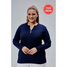 Curve Büyük Beden %100 Pamuklu Likralı Bisiklet Yaka Basic Düz Uzun Kol Lacivert Bluz