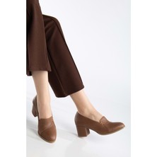 Kadın Hakiki Deri Biyeli Topuklu Ayakkabı - Ceviz