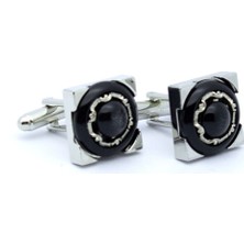 Gümüş Renk Kare Siyah Desenli Kol Düğmesi