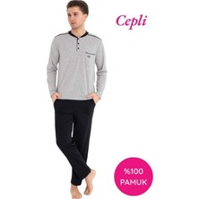 Erkek 3 Düğmeli %100 Pamuk Göğüs Cepli Mevsimlik Uzun Kol Cepli Pijama Takımı