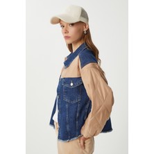 Kapitone Detaylı Denim Ceket LRW0002 Koyu Mavi Bej