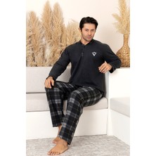 Nisanca Kışlık Erkek Polar Pijama Takımı Füme Ekose Desenli Uzun Kollu Polar Özellikli