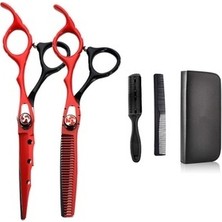 4 Parça 6 Inç Ultra Profesyonel Kırmızı Siyah Renk Deri Çantalı Berber Kuaför Saç Makas Tarak Seti