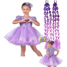 Kuromi Mor Payetli Kabarık Elbise Gelinlik Kostüm + 2 Adet Mor Bubble Saç Seti Doğum Günü Düğünparti