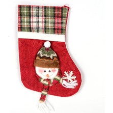 Yılbaşı Süsü Ekose Desenli Çorap Kardan Adam Figürlü Kırmızı 16X23 Cm.