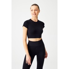 Los Ojos Siyah Seamless Yumuşak Dokulu Kadın Spor T-Shirt Crop Top Kısa Kol Günlük Stil