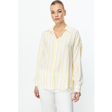 Ekol Kadın Çizgili Önü Düğmeli Gömlek 3110 Sarı