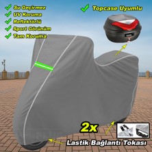 Reflektörlü Gri Dikişli Vespa Et 4 Pro Arka Çanta Uyumlu Branda Motosiket Brandası Motor Örtüsü Çadır Su Geçirmez Motosiklet Kılıfı Motor Brandası