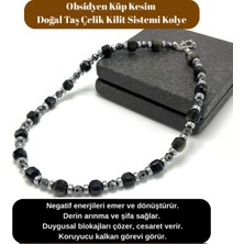 Sertifikalı Obsidyen Taşı Küp Kesim Doğal Taş Çelik Kilit Sistemi 8 mm Kolye