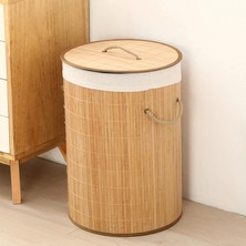 Ekolojik Bambu Çok Amaçlı Saklama Sepeti, Pamuk Bez Iç Astarlı, Kapaklı ve Halat Saplı Modern ve Minimalist Tasarım (Yuvarlak)