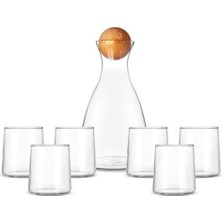Borosilikat Cam Ahşap Top Kapaklı Camelia  Karaf 2000 ml & 6 Adet Bardak Şeffaf