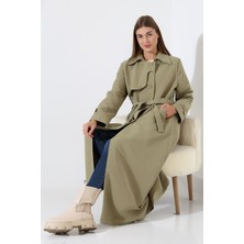 Amazon Keten Kumaş Uzun Boy Düğmeli Astarlı Yumuşak Dokulu Trenç Kot Mint Yeşil