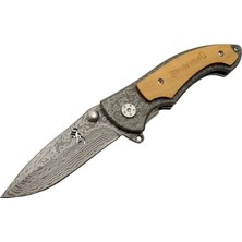 2-31 Damascus Kamp Çakı 19,5cm - Yarı Otomatik, Kemerlikli, Ahşap Metal Sap