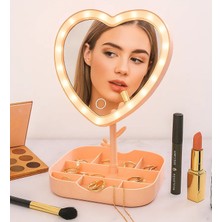 Bk Gift LED Işıklı Pembe Kalpli Organizer Makyaj Aynası, Ev Hediyesi, Sevgiliye Hediye