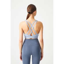Mavi Gri Destekli Sırt Detaylı Kaplı Spor Sütyeni Strappy Back