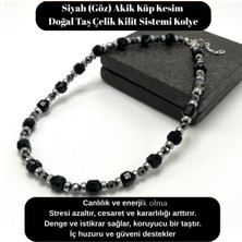 Sertifikalı Siyah Göz Akik Taşı Küp Kesim Doğal Taş Çelik Kilit Sistemi 8 mm Kolye
