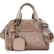 Kadın Bej Uzun Askılı Aksesuar Detaylı Kumaş Kol Çantası 25WBD24746F