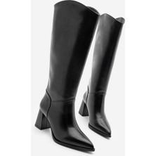 Marjin Kadın Sivri Burun Kalın Topuklu Fermuarsız Topuklu Çizme Tines Siyah