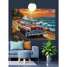 Sahilde Kırmızı Klasik Araba Dekoratif Kanvas - Mdf Ahşap Tablo