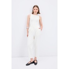 Yüksek Bel Düz Kesim Krep Pantolon Ekru