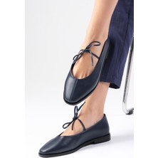 Mio Gusto Elaine Kadın Babet Ayakkabı Lacivert Renk Suni Deri Düz Tabanlı 1 cm Topuk