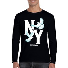 Ny Güvercinleri Siyah Uzun Kollu Erkek Penye Tişört