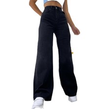 Siyah Wide Leg Etkili Fermuarlı Süper Yüksek Bel Jeans Salaş Kot Pantolon ( Solmaz Kumaş)