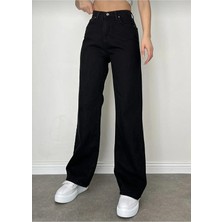 Livik Maşa Kız Çocuk Siyah Likralı Süper Yüksek Bel Salaş Paça Kot Pantolon Pamuk - Elastan