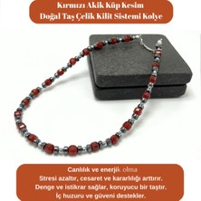 Sertifikalı Kırmızı Akik Taşı Küp Kesim Doğal Taş Çelik Kilit Sistemi 6 mm Kolye