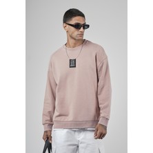 Bisiklet Yaka Önü Etiket Detaylı Oversize Basic Erkek Sweatshirt