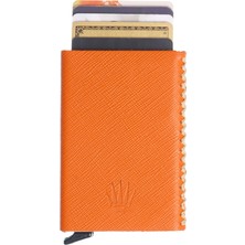 Watch of Royal Cortex Slim Saffiano Turuncu Hakiki Deri Bölmeli Kızaklı Mekanizmalı Kartlık