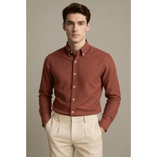 Erkek Kiremit Oxford Düğmeli Yaka Pamuk Likra Slim Fit Casual Cepsiz Gömlek