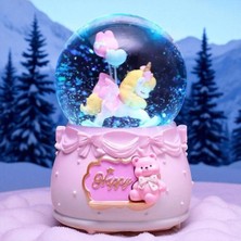 Pembe Unicorn ve Ayıcık Temalı Müzikli Kar Küresi – “happy” Yazılı