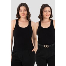 Kadın Fitilli Görünümlü Kalın Askılı Basic Siyah Atlet 2'li Paket