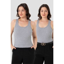 Kadın Fitilli Görünümlü Kalın Askılı Basic Gri Atlet 2'li Paket