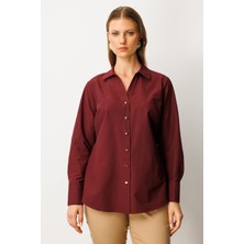 Ekol Kadın Büyük Beden Önü Düğmeli Polo Yaka Gömlek 3549 Bordo