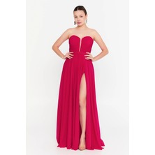 Şeref Vural Kadın Straplez Derin Yırtmaçlı Maxi Abiye Elbise 8322 Mercan